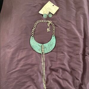 Teal Blue and Silver Statement Necklace/Earrings with Fringe
